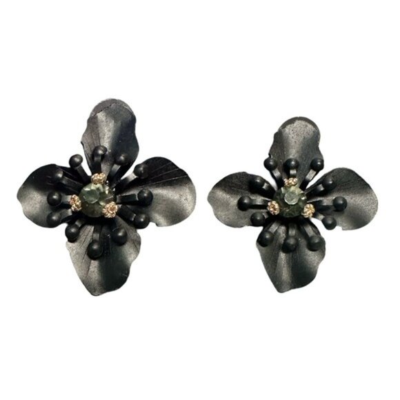 Black Flower Statement Earrings With Rhinestone Center - Picture 2 of 4